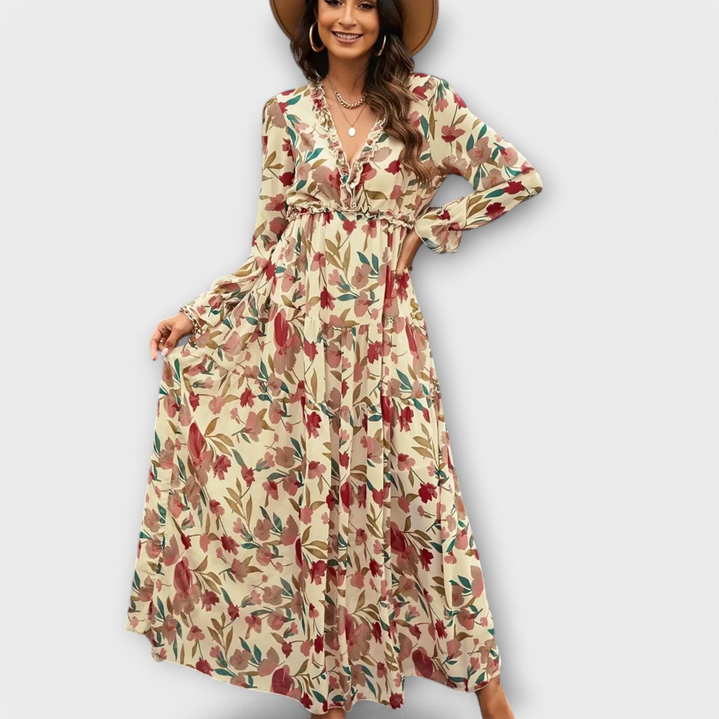 Monika - Bloemenprint maxi jurk met v-hals voor dames