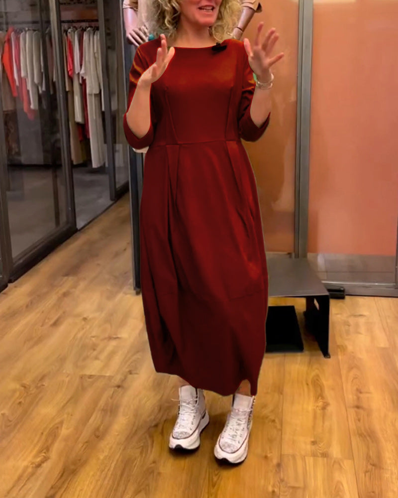 Stefania - Dames midi jurk met geplooide taille en rechte driekwartmouwen
