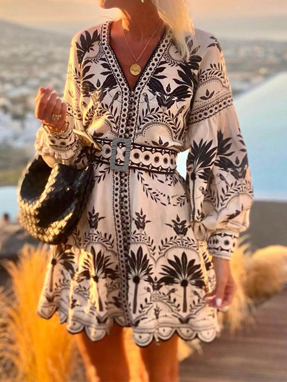 Pauline - Bohemian mini jurk met ballonmouwen en borduurdetails voor dames