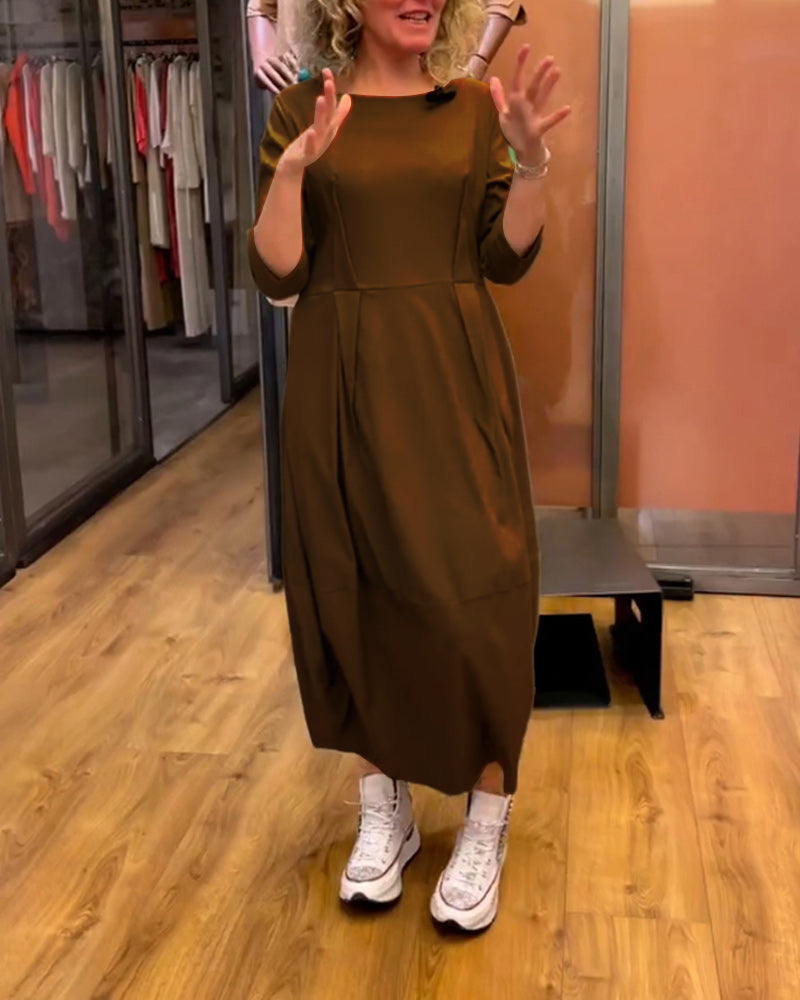 Stefania - Dames midi jurk met geplooide taille en rechte driekwartmouwen