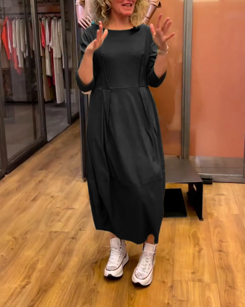Stefania - Dames midi jurk met geplooide taille en rechte driekwartmouwen
