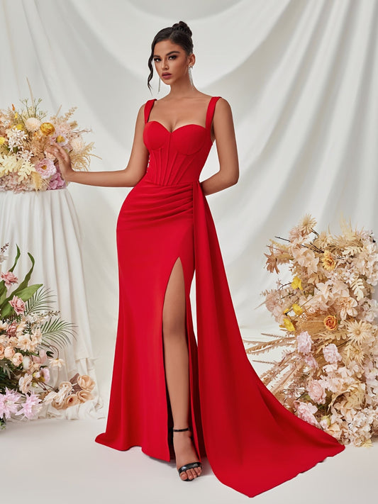 Kamiyah - Gedrapeerde korset maxi-jurk met schouderbandjes en hoge split voor vrouwen