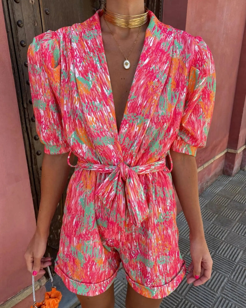 Hortensia - Dames playsuit met strikceintuur en v-hals