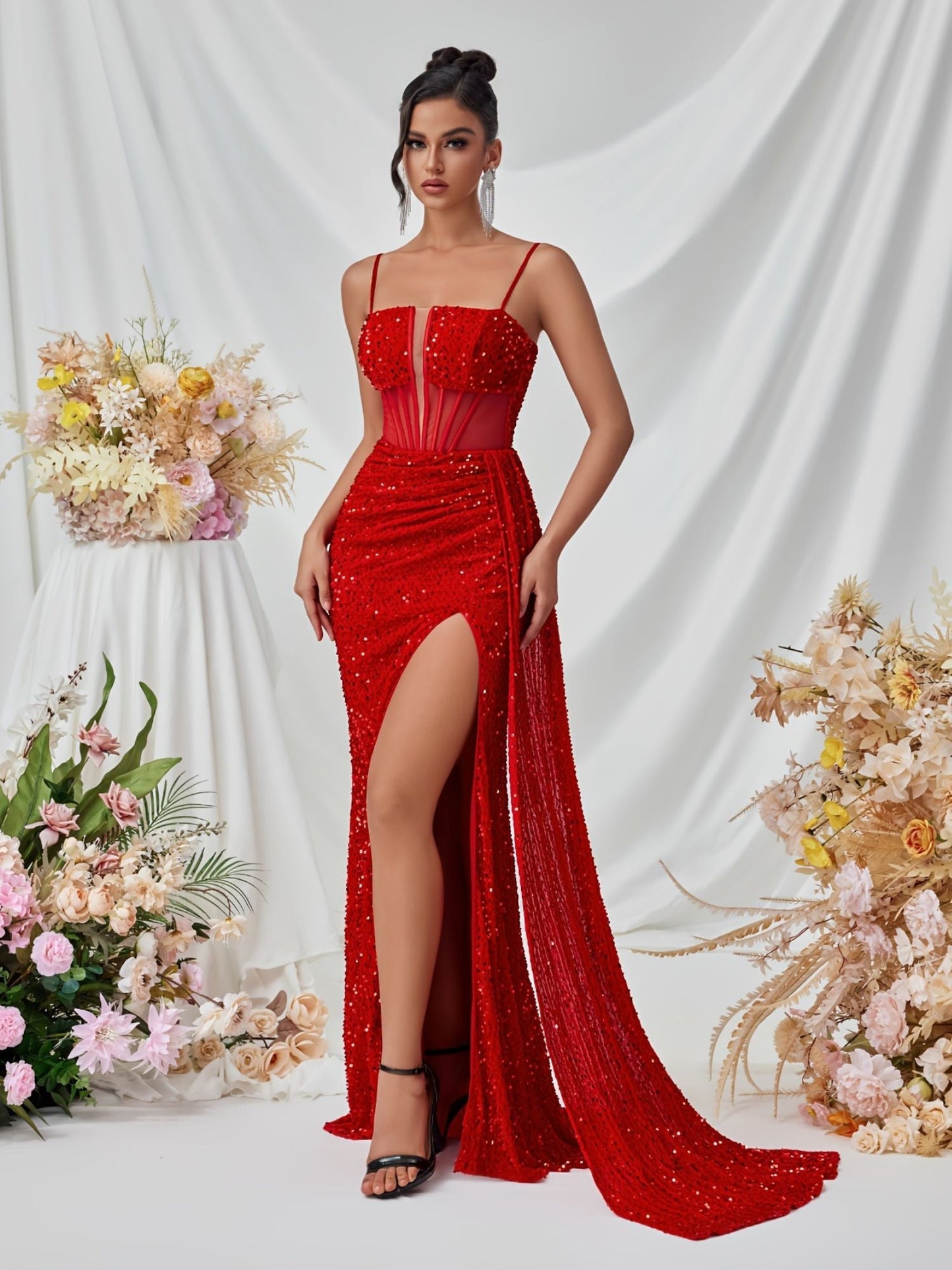 Keilani - Damescorset Maxi jurk met hoge split en glanzend detail