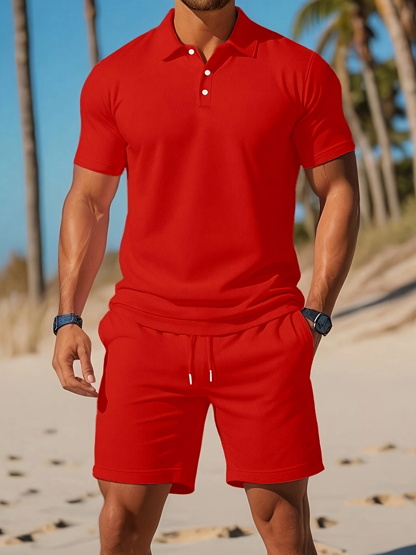 Eadric -Heren zomer set met polo en short in ton-sur-ton structuur
