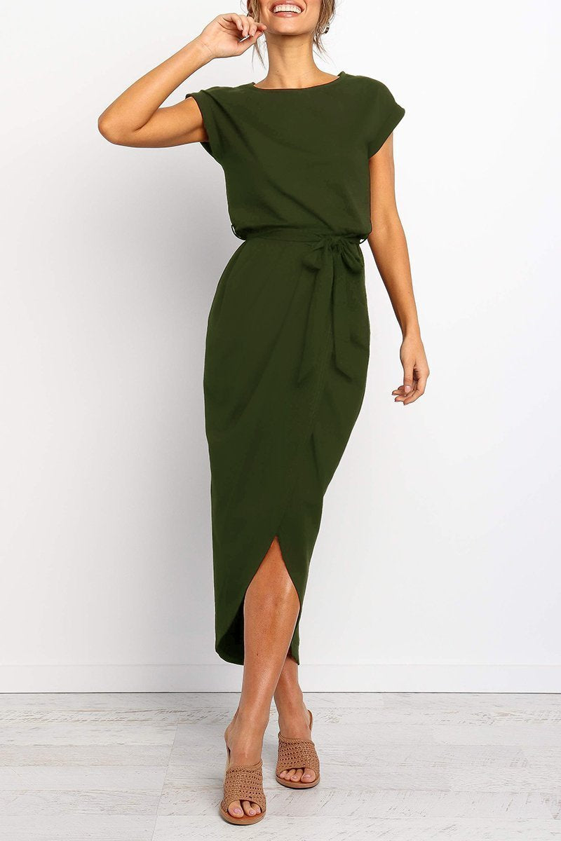 Jodie - Dames splitjurk met ceintuur en opgerolde mouwen