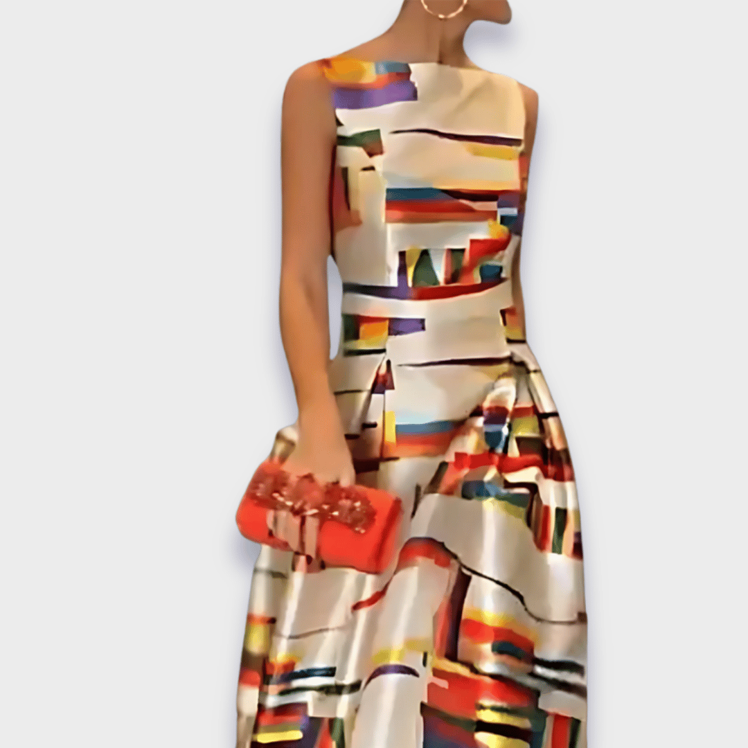 Camelia - Mouwloze dames avondjurk met grafische print en hoge taille