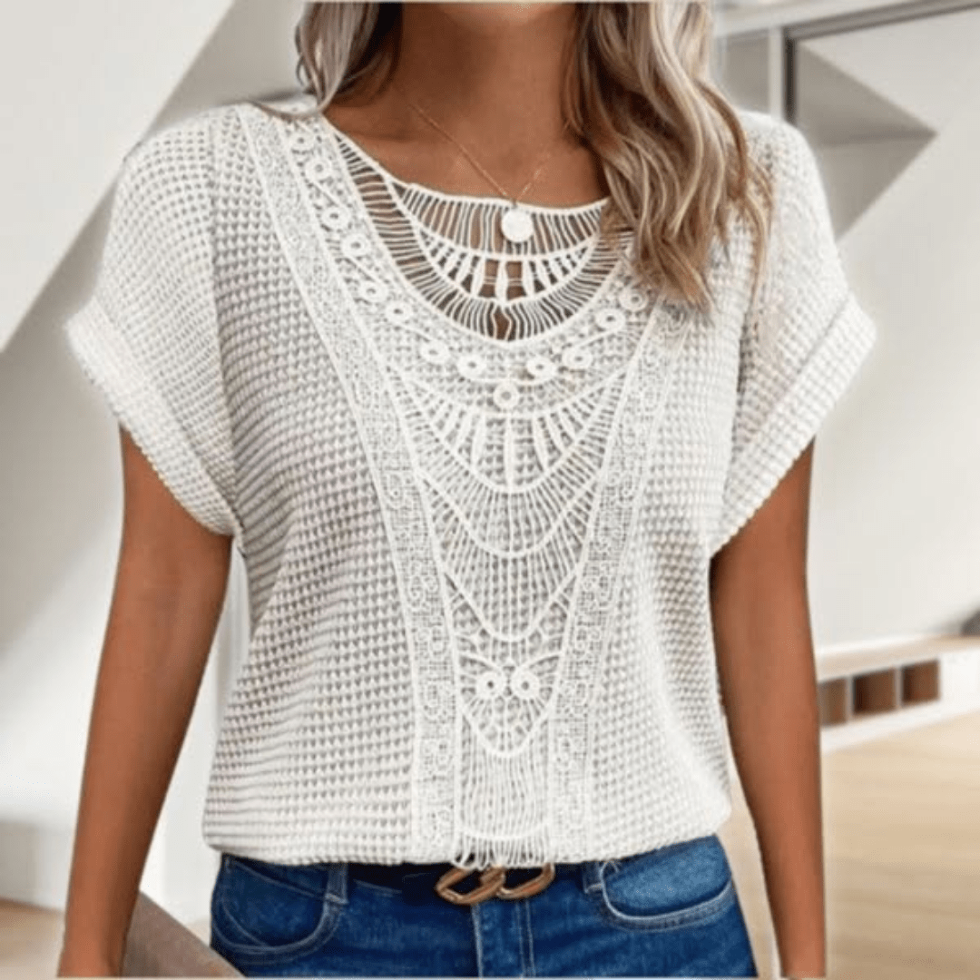 Diamante – Gehaakte top met korte mouw en boho-patroon voor dames