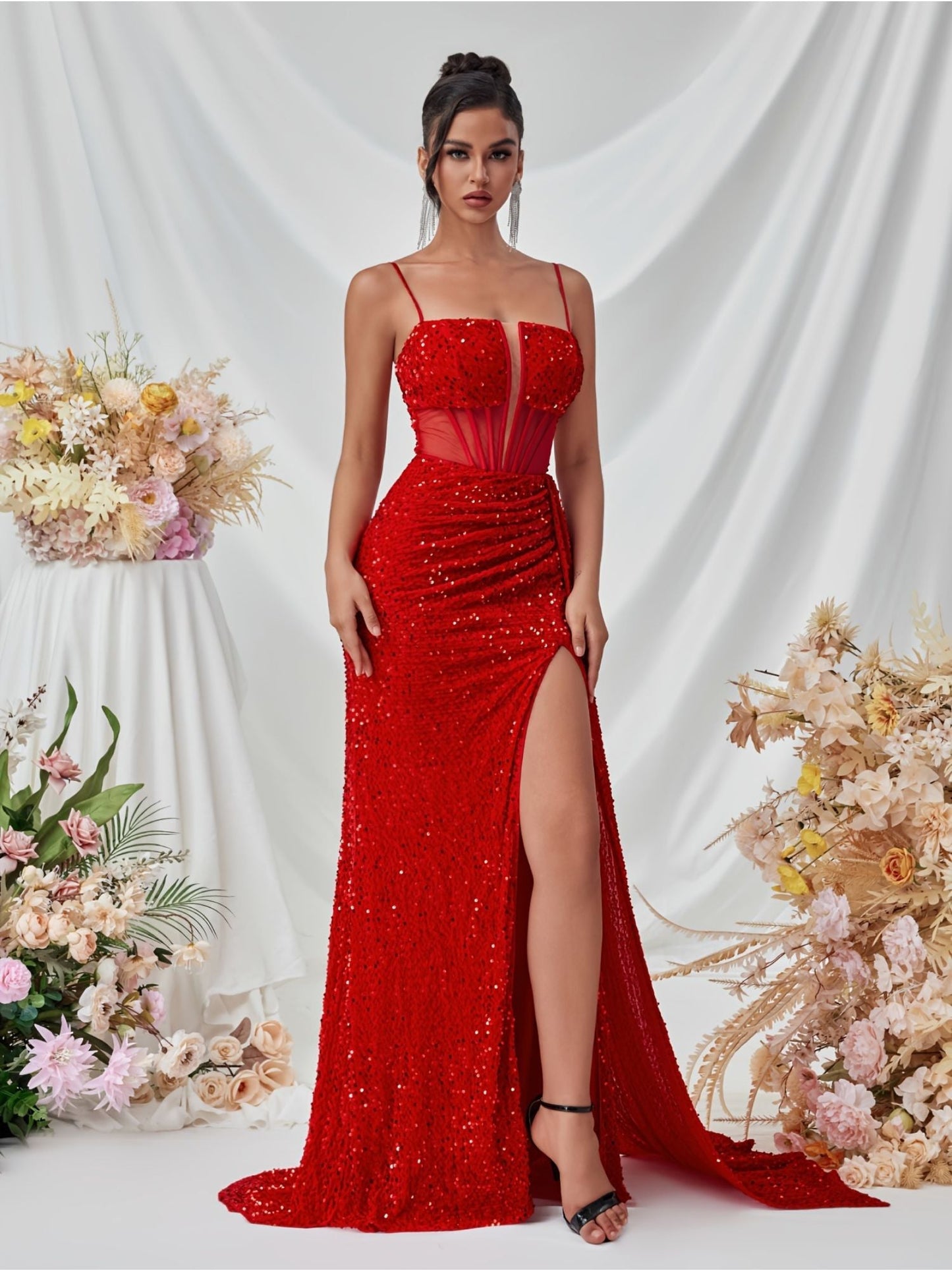 Keilani - Damescorset Maxi jurk met hoge split en glanzend detail