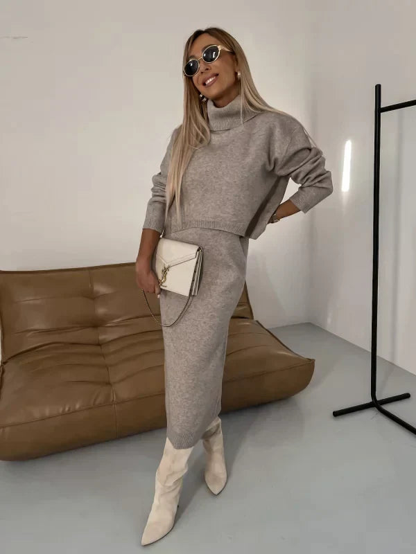 Jimena - Dames set met mouwloze midi jurk en coltrui trui