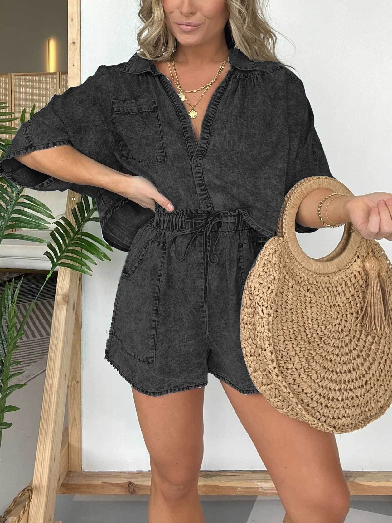 Bozena - Washed denim co-ord set met elastische taille en oversized top voor dames