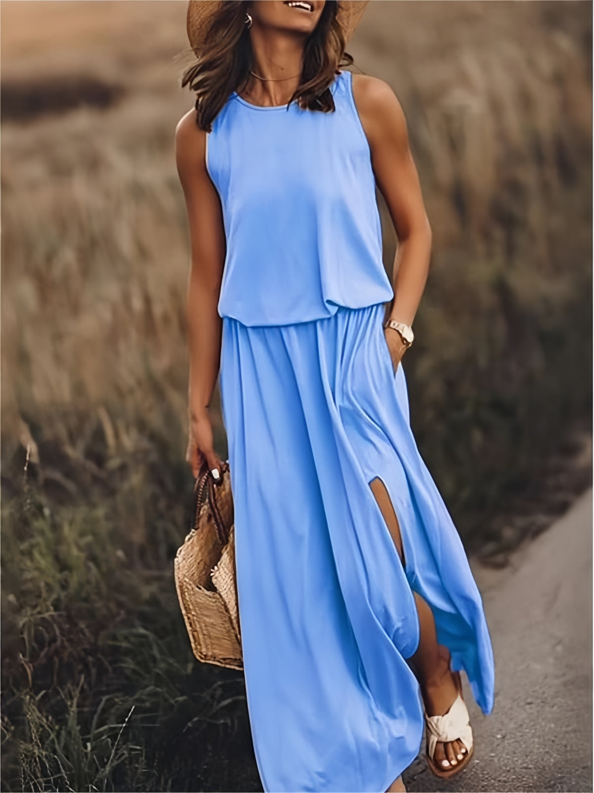 Sophia – Mouwloze maxi zomerjurk met split voor dames