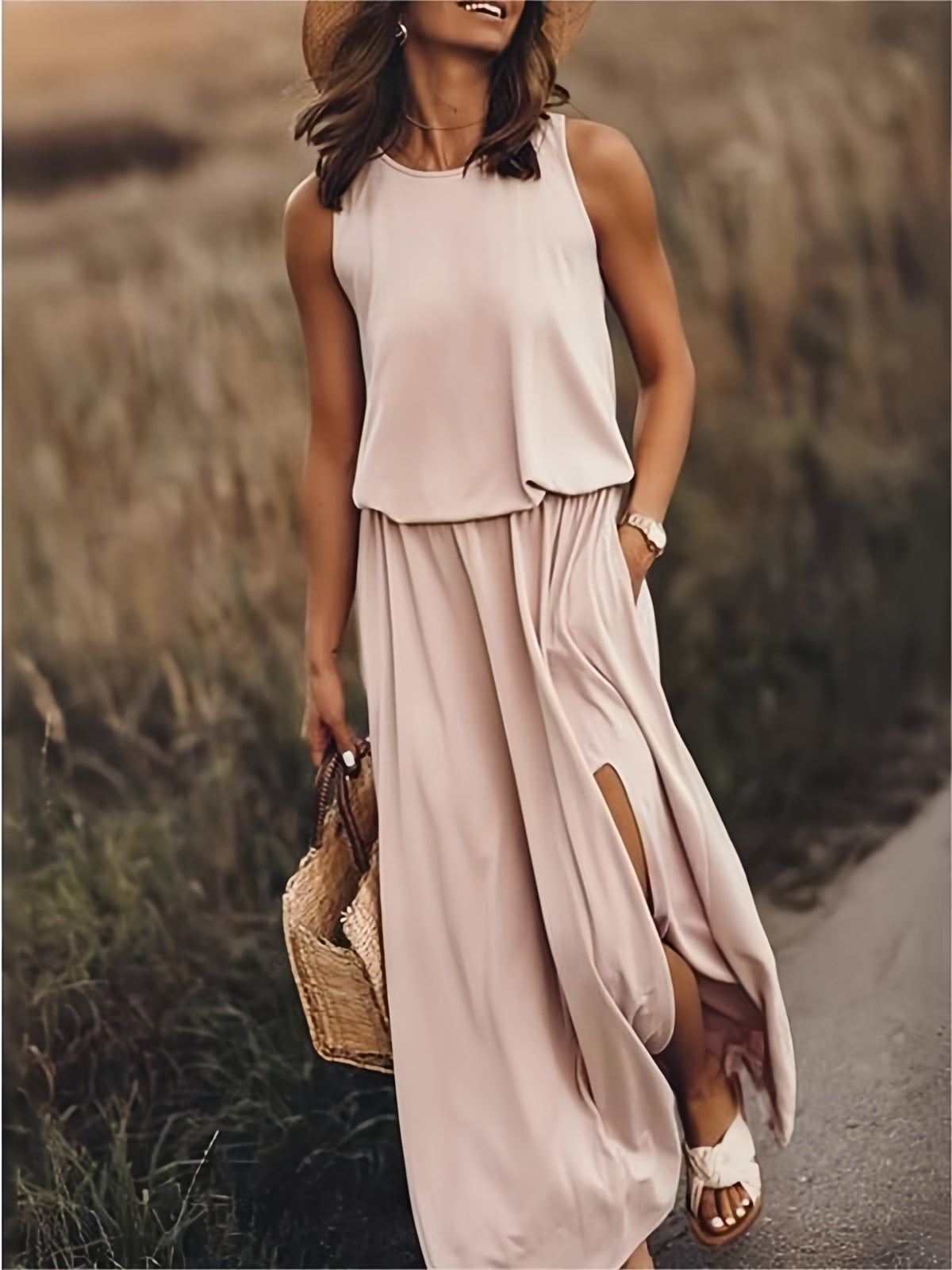 Sophia – Mouwloze maxi zomerjurk met split voor dames