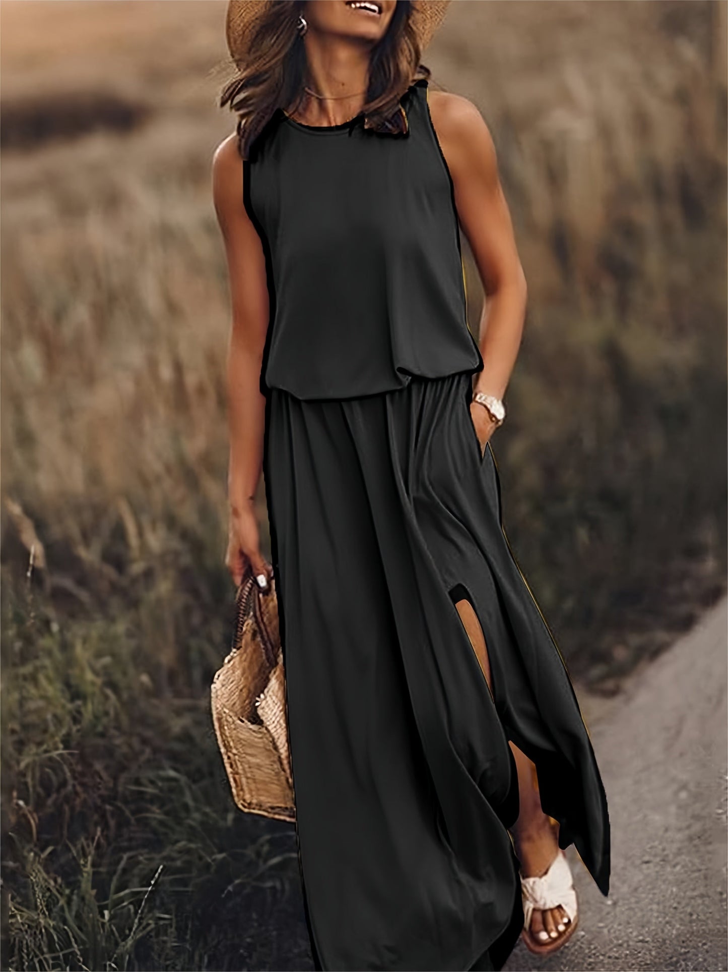 Sophia – Mouwloze maxi zomerjurk met split voor dames