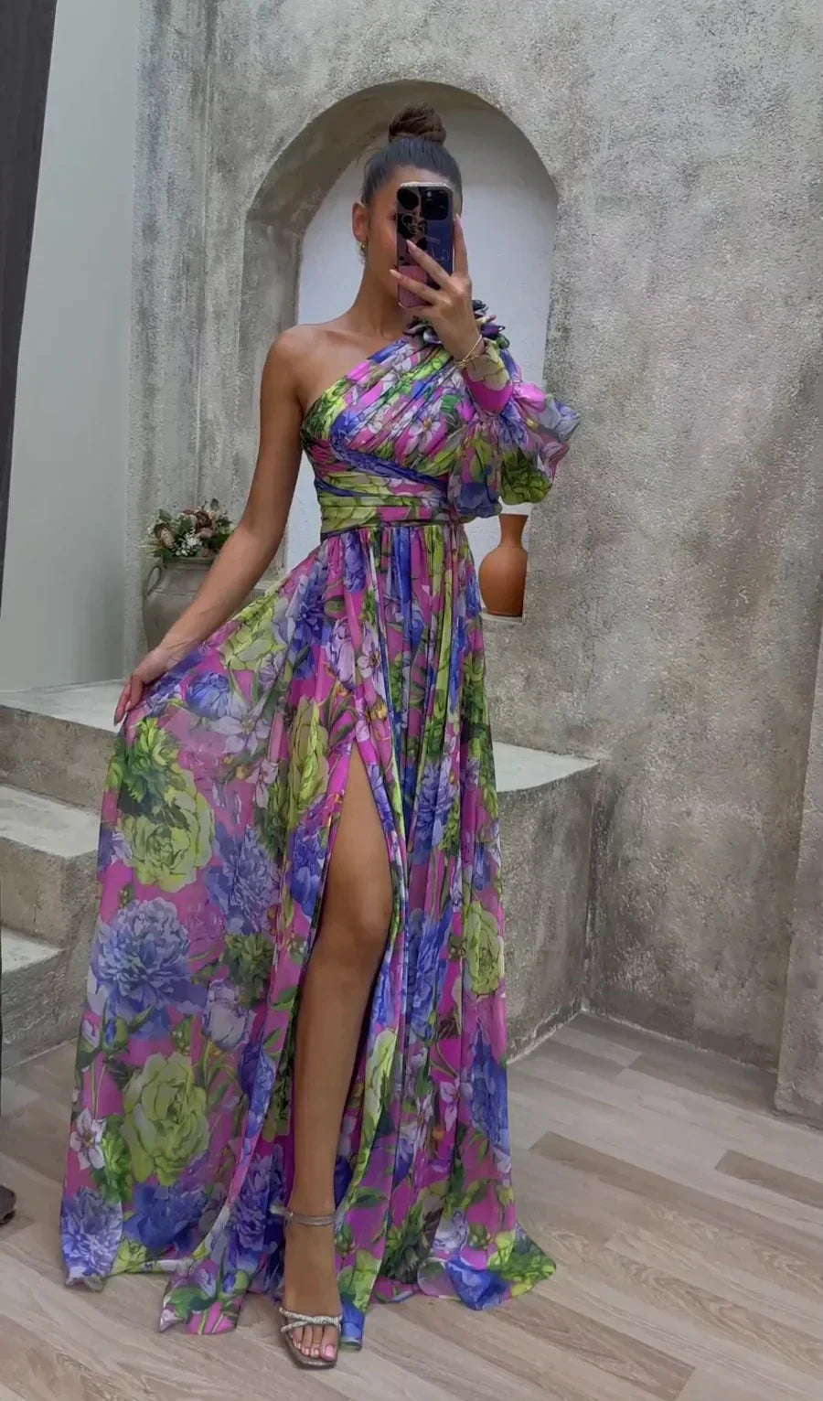 Sunny Elegance - One shoulder flower maxi zomerjurk