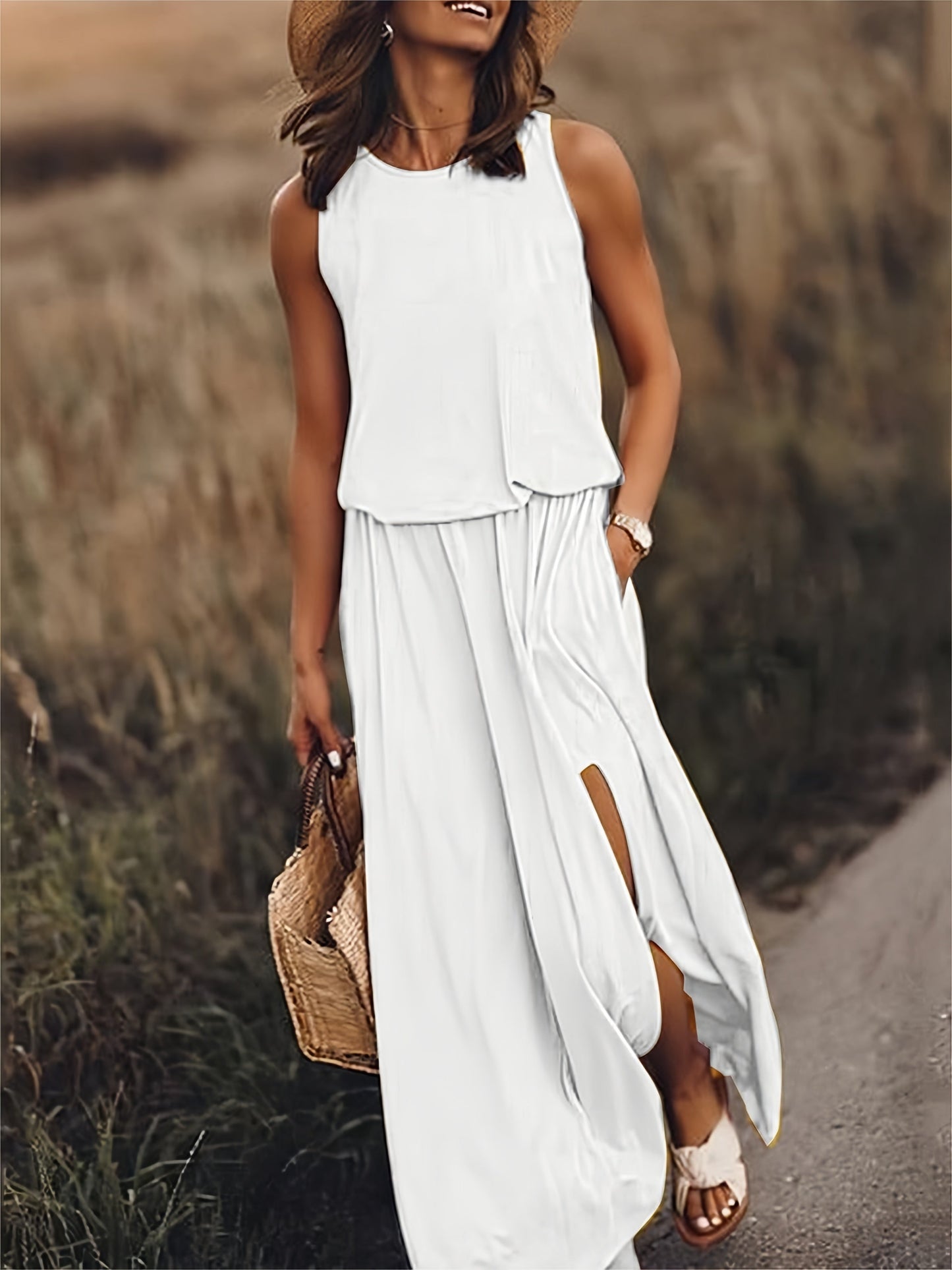 Sophia – Mouwloze maxi zomerjurk met split voor dames