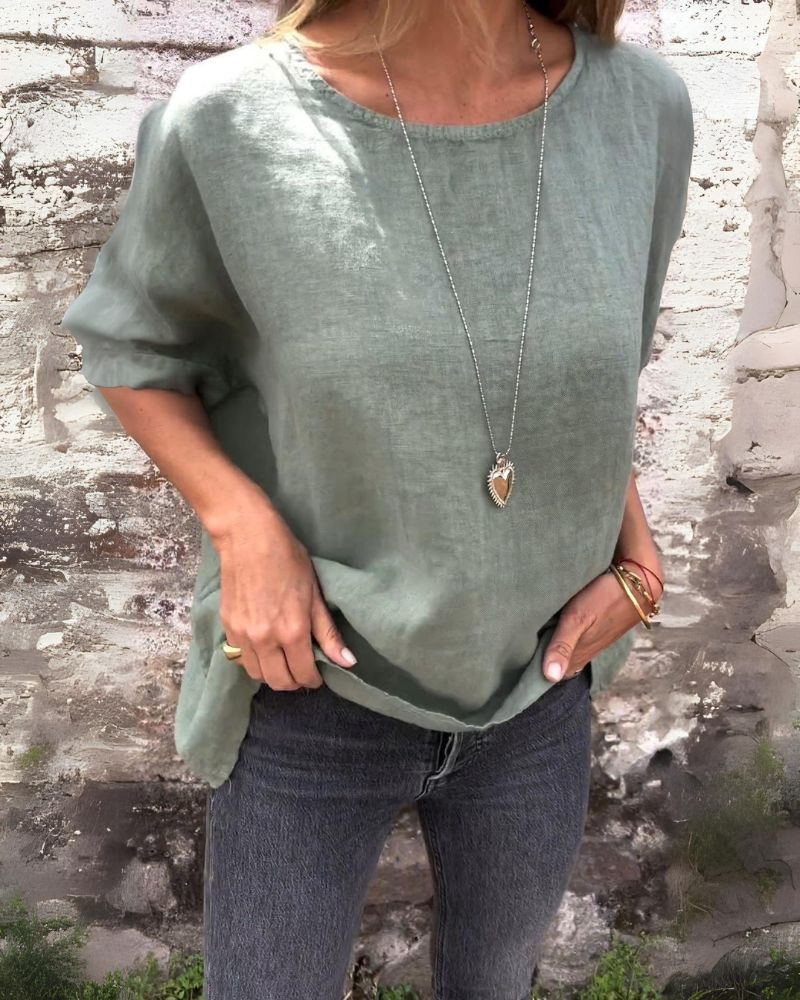 Daniela - Casual dames top met ronde hals en opgerolde mouw