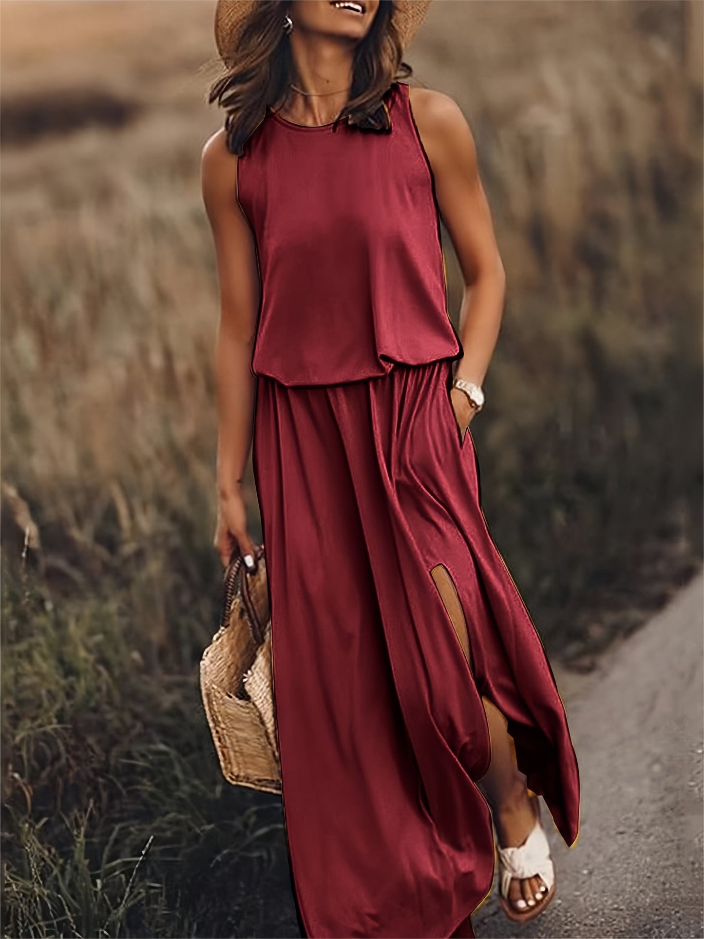 Sophia – Mouwloze maxi zomerjurk met split voor dames