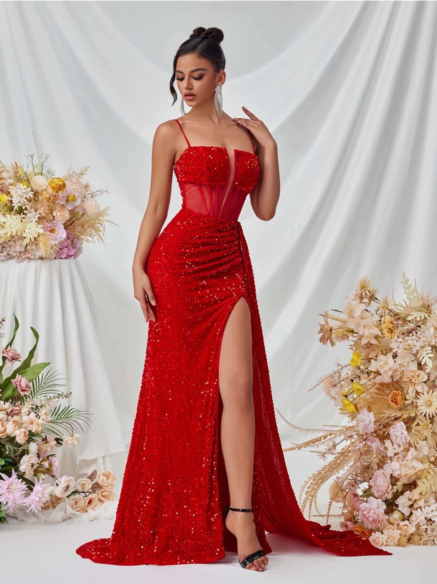 Keilani - Damescorset Maxi jurk met hoge split en glanzend detail