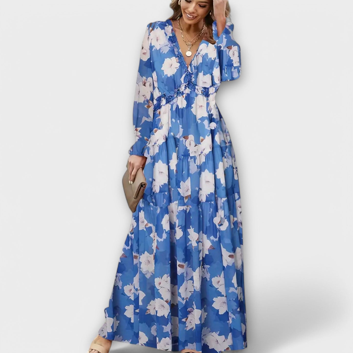 Monika - Bloemenprint maxi jurk met v-hals voor dames