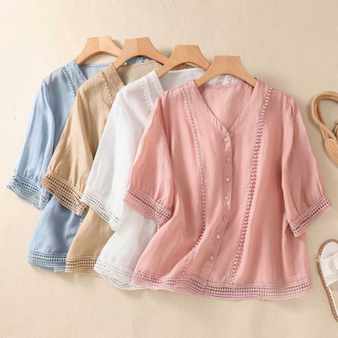 Rhiannon - V-hals knoopblouse met kantdetails voor dames