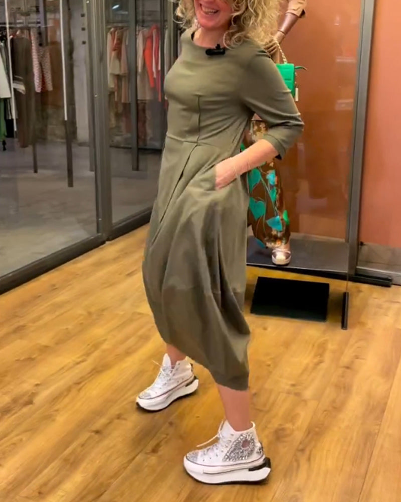 Stefania - Dames midi jurk met geplooide taille en rechte driekwartmouwen