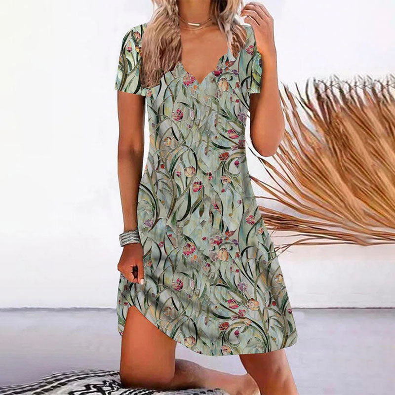 Summer Essence - Dames zomerjurk met korte mouwen en bladprint