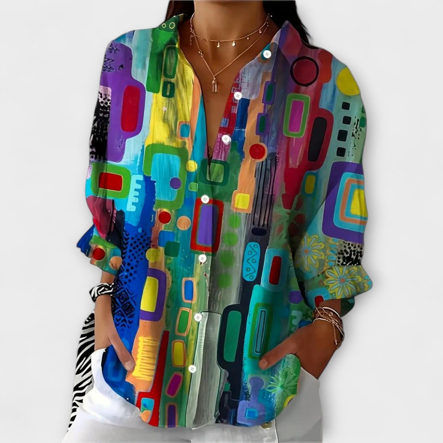 Aristea - Vrouwelijke blouse met kleurrijke grafische print