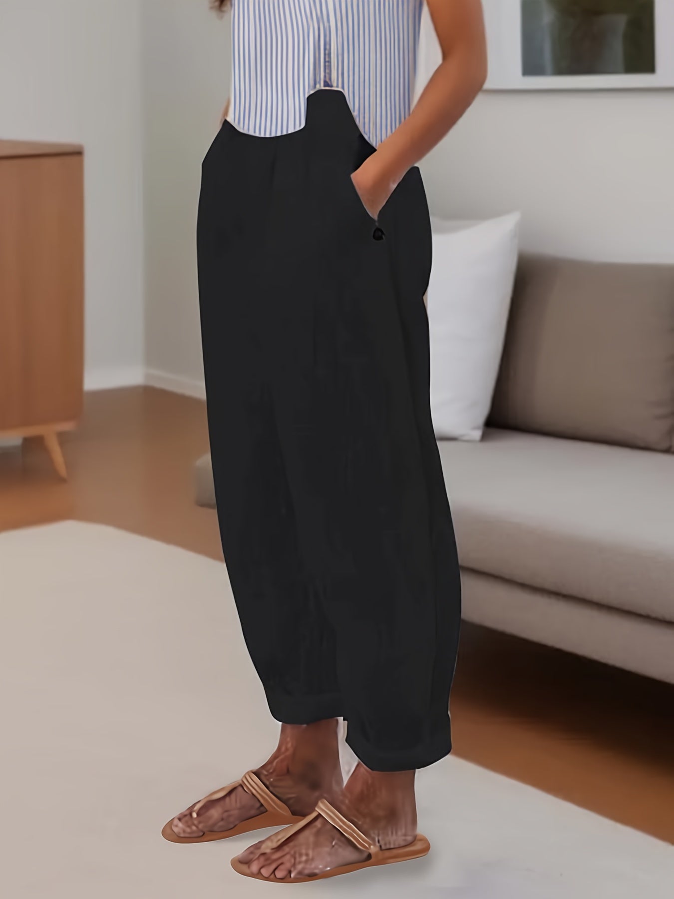 Beata - Relaxed fit damesbroek met hoge taille en omslagzoom