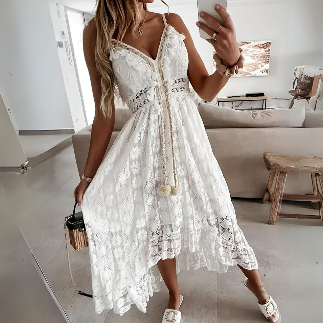 Estela - Dames zomerjurk met kanten details en v-hals