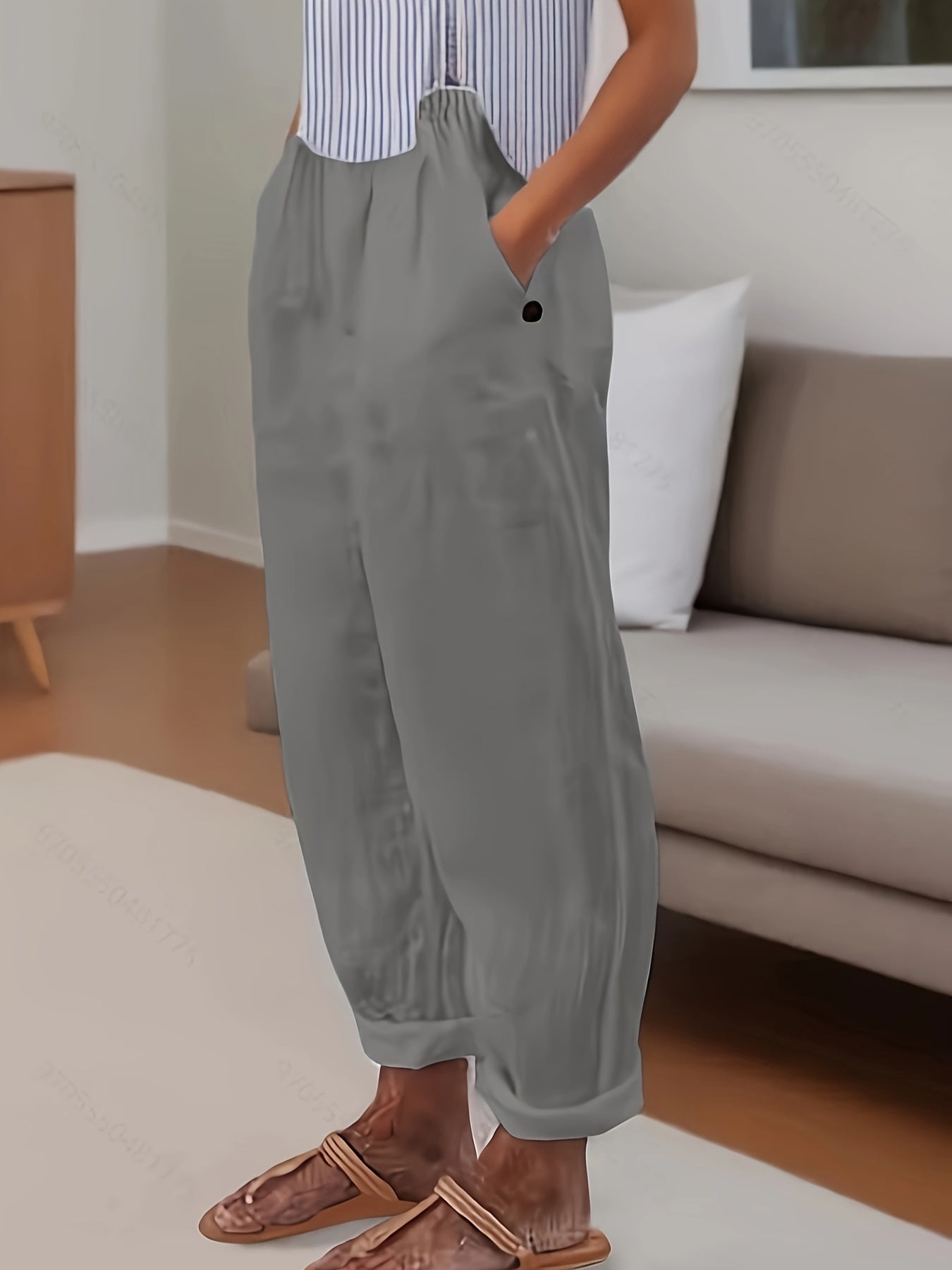 Beata - Relaxed fit damesbroek met hoge taille en omslagzoom