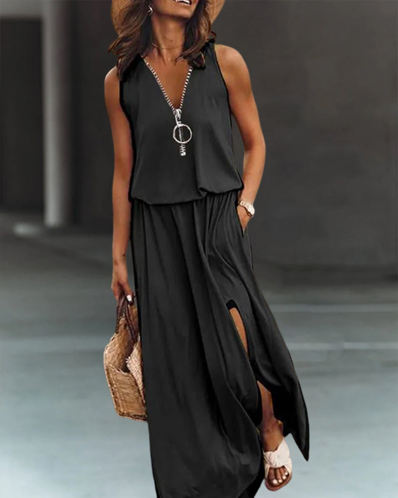 Stacey – Losvallende jurk met diepe V-hals en ritsdetail