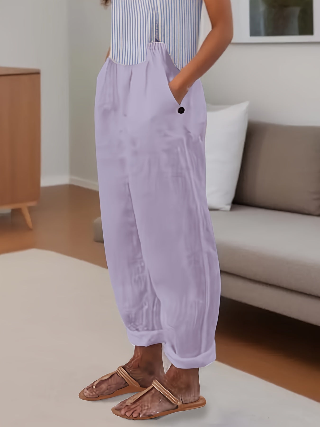 Beata - Relaxed fit damesbroek met hoge taille en omslagzoom