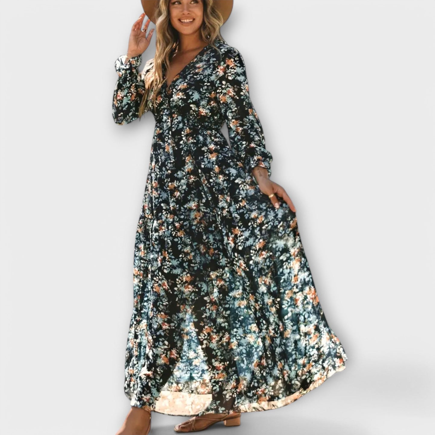 Monika - Bloemenprint maxi jurk met v-hals voor dames