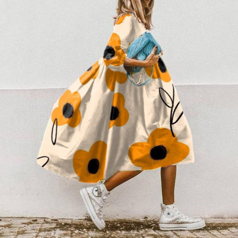 Margarita - Wijde dames midi-jurk met ballonmouwen
