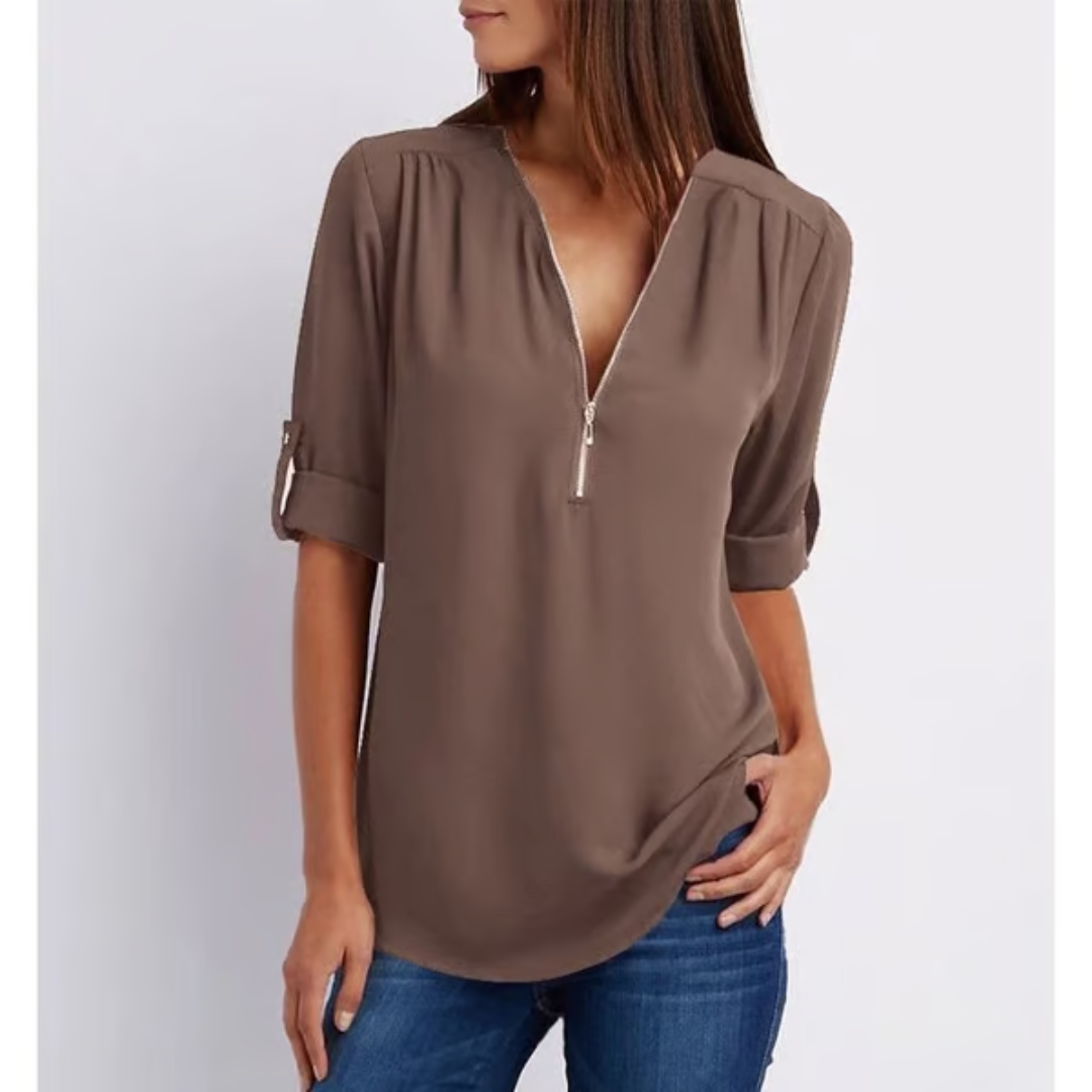 EllaMode – Losse Blouse met 3/4 Mouwen en Rits in Grote Maten