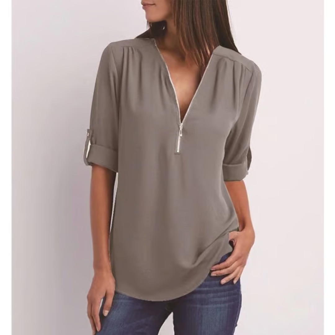 EllaMode – Losse Blouse met 3/4 Mouwen en Rits in Grote Maten