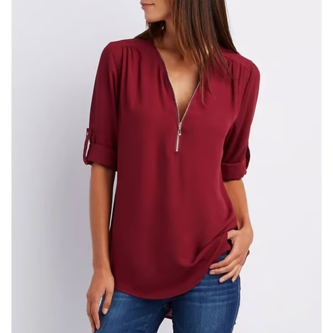 EllaMode – Losse Blouse met 3/4 Mouwen en Rits in Grote Maten