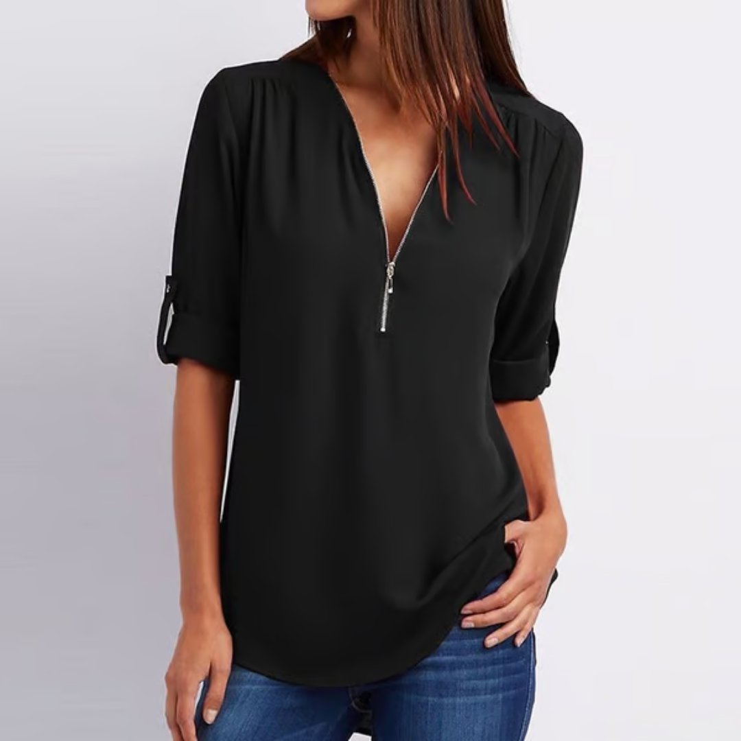 EllaMode – Losse Blouse met 3/4 Mouwen en Rits in Grote Maten