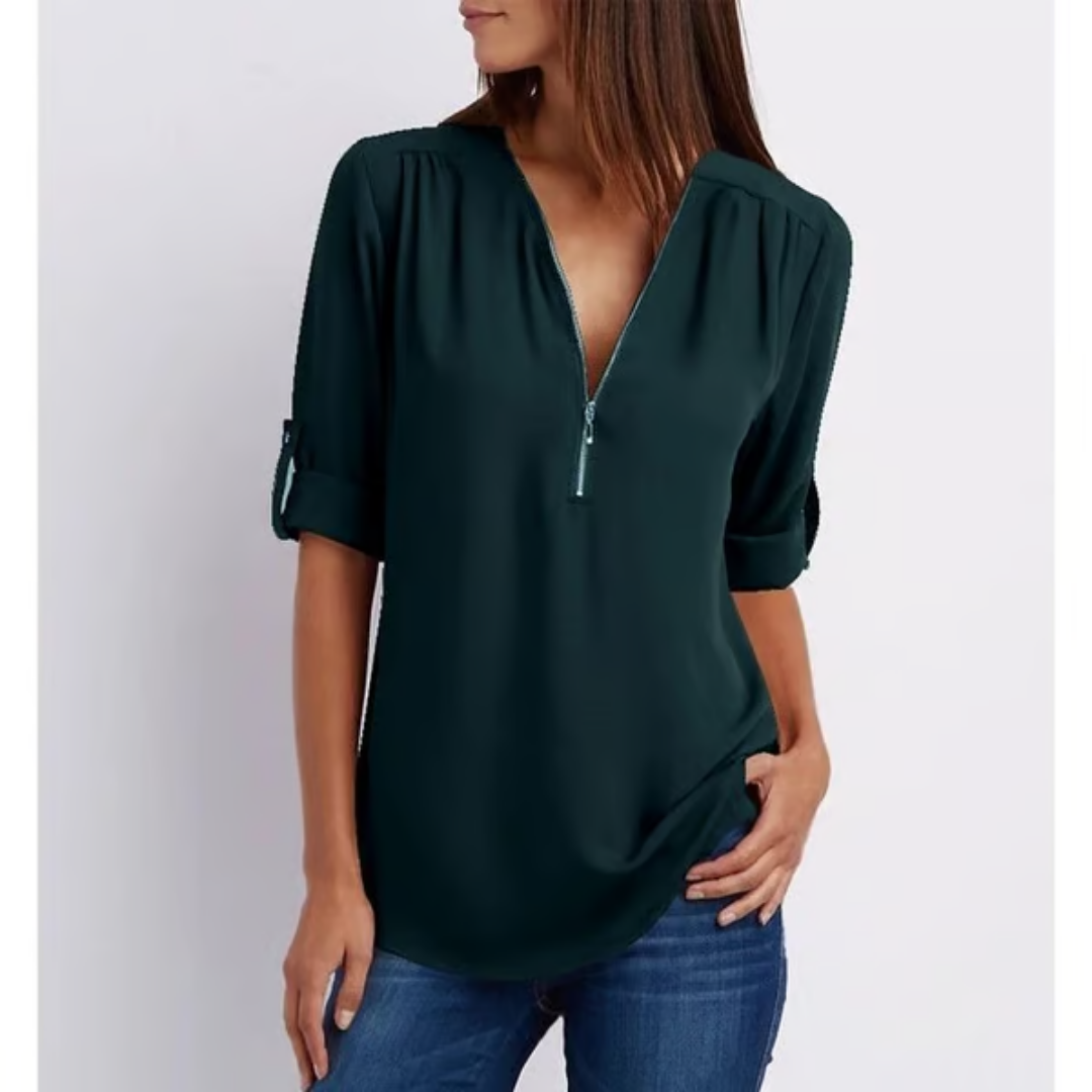 EllaMode – Losse Blouse met 3/4 Mouwen en Rits in Grote Maten