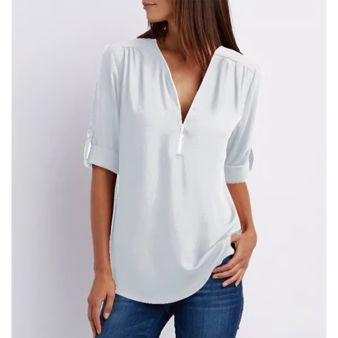 EllaMode – Losse Blouse met 3/4 Mouwen en Rits in Grote Maten