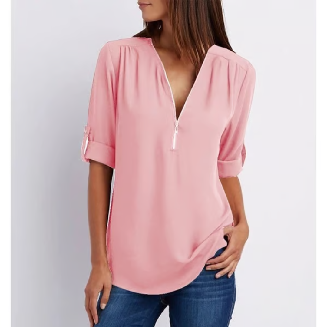 EllaMode – Losse Blouse met 3/4 Mouwen en Rits in Grote Maten