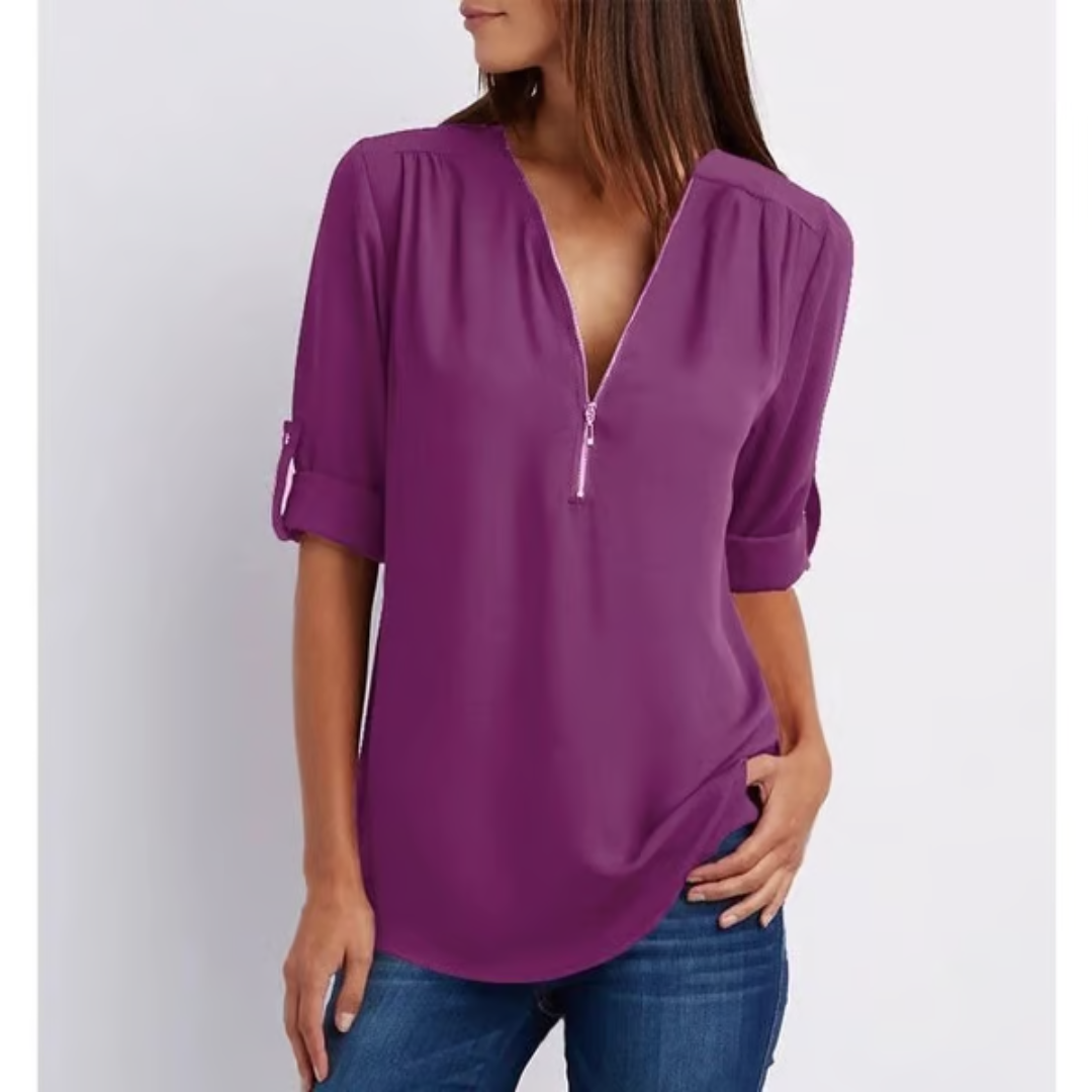 EllaMode – Losse Blouse met 3/4 Mouwen en Rits in Grote Maten