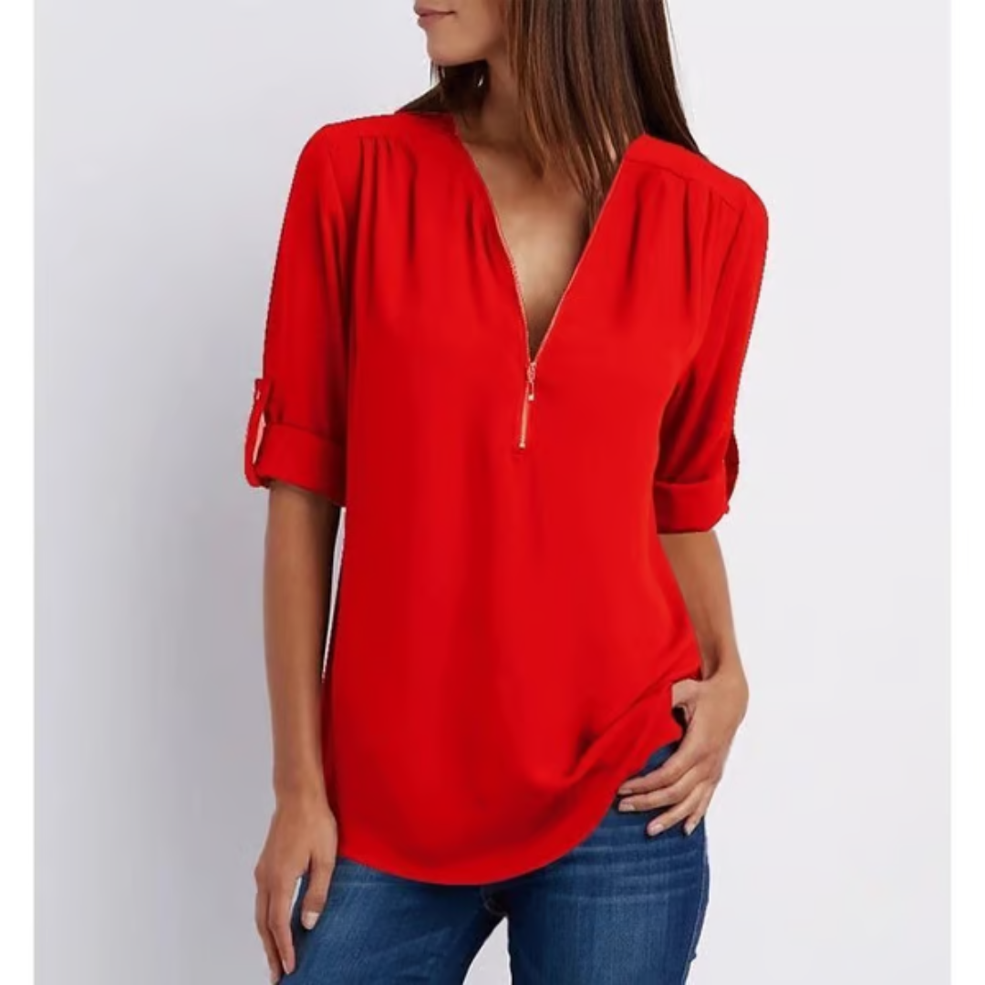 EllaMode – Losse Blouse met 3/4 Mouwen en Rits in Grote Maten