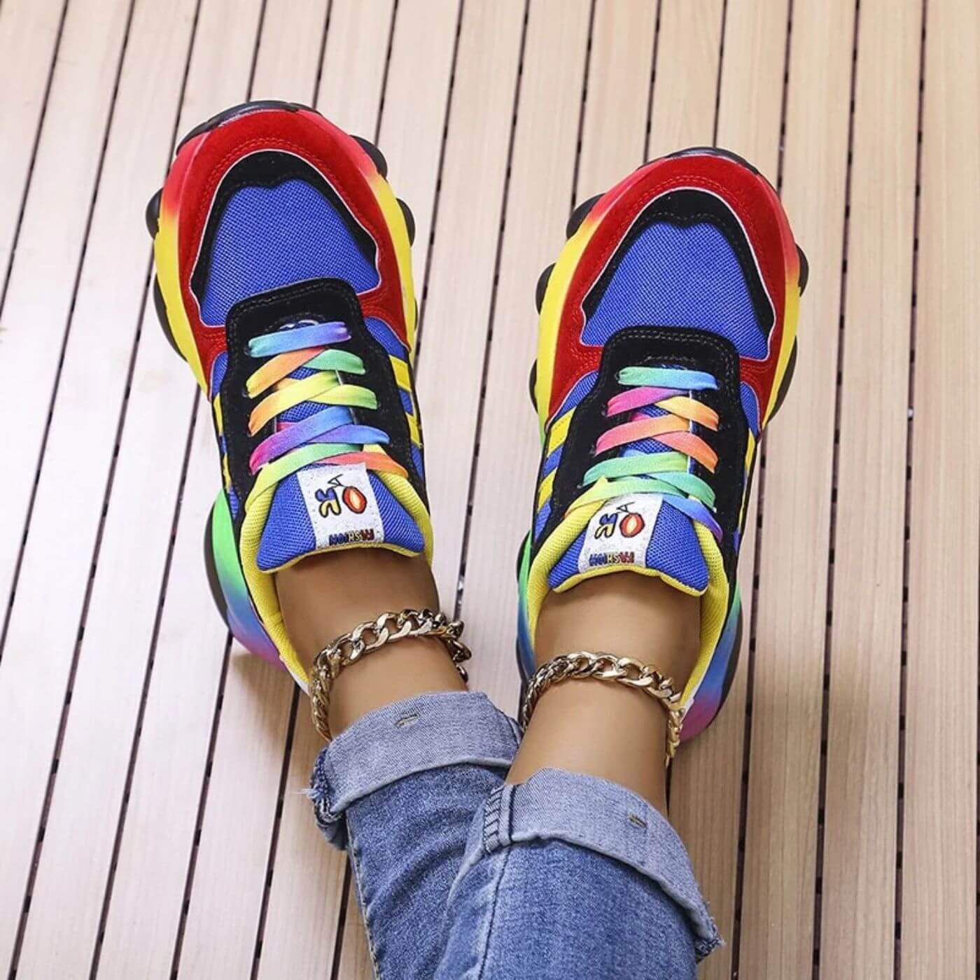 Rufina - Dames sneaker met regenboogzool en colorblock design