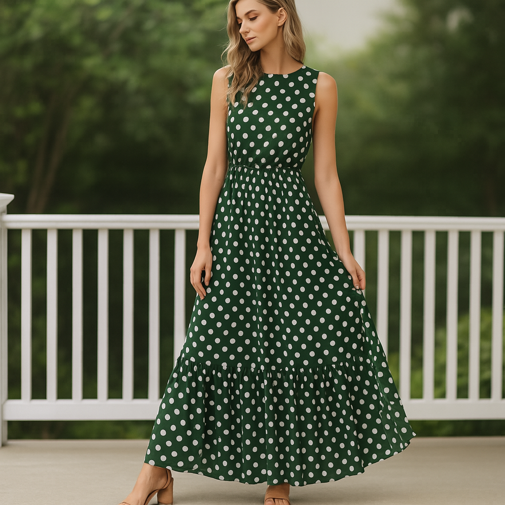 Francoise - Mouwloze maxi zomerjurk met stippenprint voor dames