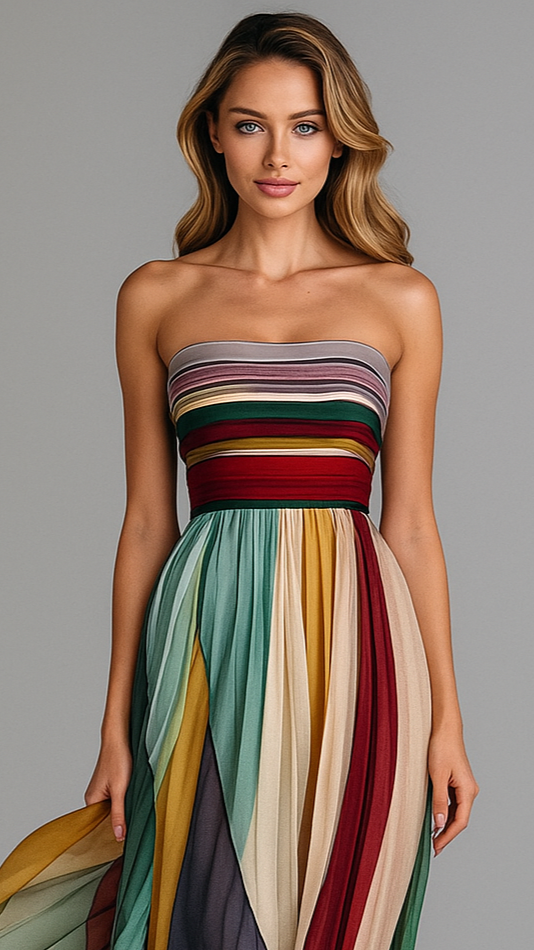 Idonea - Strapless zomerjurk met plissé en speelse kleurbanen