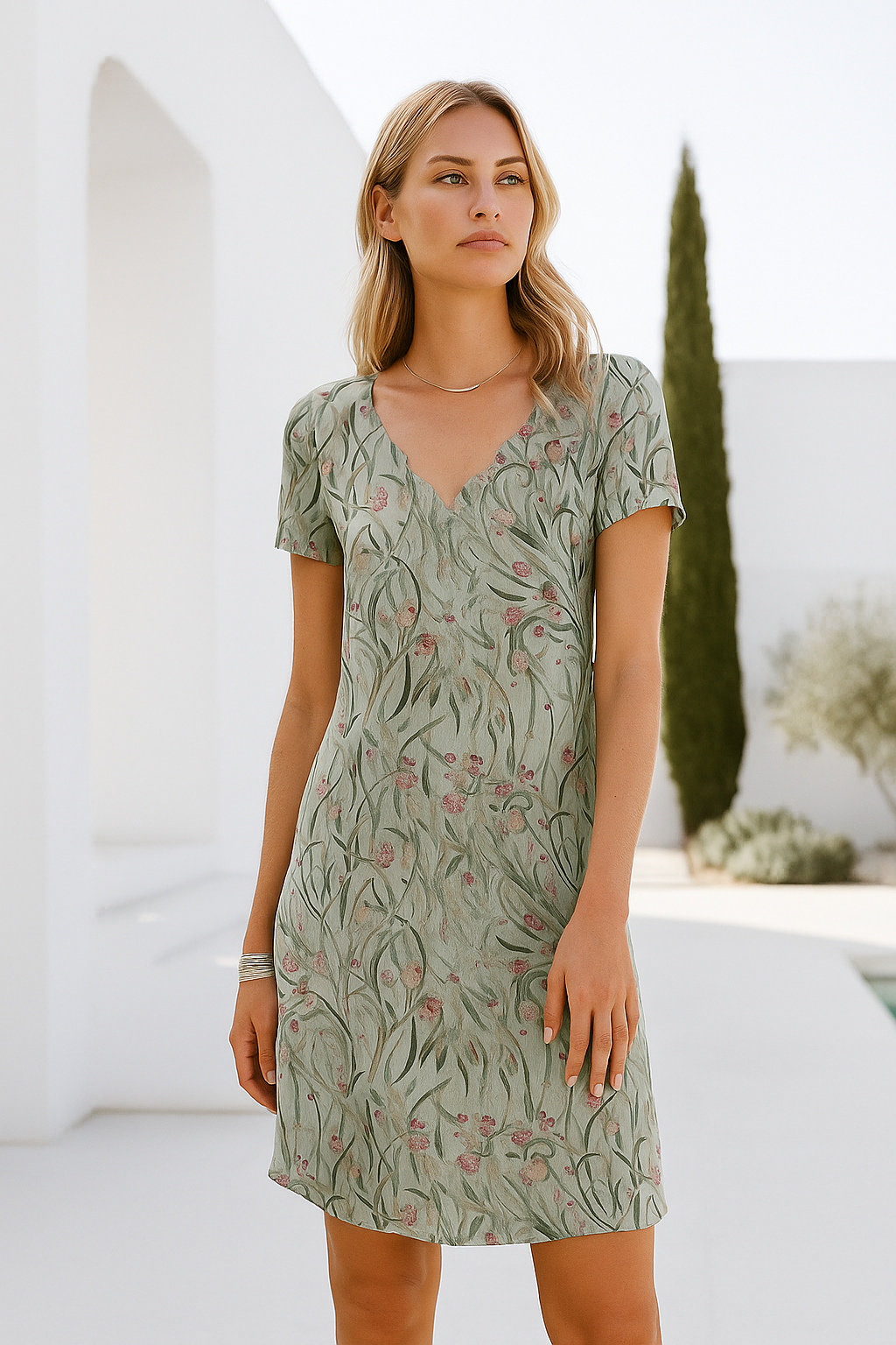Summer Essence - Dames zomerjurk met korte mouwen en bladprint