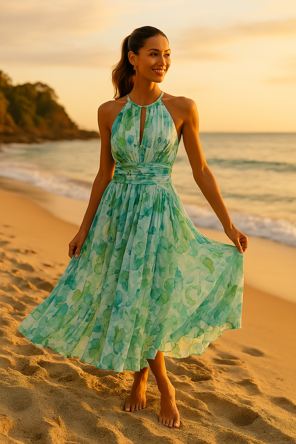 Gytha - Maxi hakter jurk met plissé en florale print