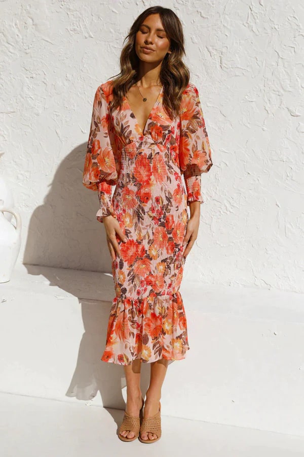 Ysa | Elegante midi-jurk met bloemenprint en pofmouwen